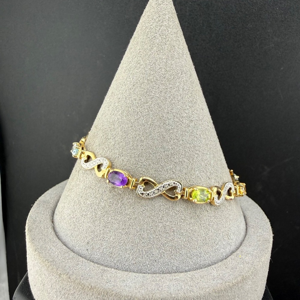 Vintage Ross Simons Bracelet Gold Sterling Silver Heart Rhinestone 7.5"